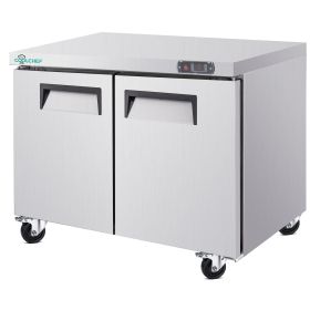 48" Commercial Double Door Worktop Refrigerator, 12.2 Cu.ft Stainless Steel Undercounter Prep Table Fridge, R290 Commercial Cooler with Casters