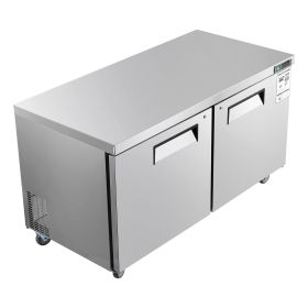 60" W Commercial Freezer, 14.8 Cu.Ft Worktop Freezers Undercounter with LED Auto Lighting and Lockable Door, 2 Doors Food Freezing Prep Worktable