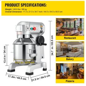 Commercial Food Mixer 30Qt 1100W 3 Speeds Adjustable 105/180/408 RPM Heavy Duty 110V with Stainless Steel Bowl Dough Hooks Whisk Beater for Schoo