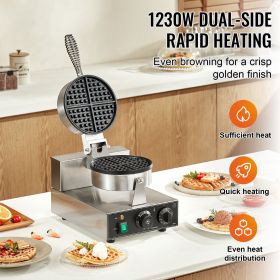 Commercial Waffle Maker, 1230W Round Waffle Baker Machine, Non-Stick Stainless Steel Belgian Waffle Iron with Temperature and Time Control, Handl