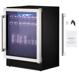 24" Beverage Refrigerator, 154 Cans Under Counter Built-in or Freestanding Beer Cooler Fridge, Blue LED Light, Child Lock, Adjustable Shelves, ET