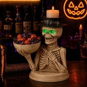 Halloween Skeleton Figurine with Storage Bowl & Candle Holder, Spooky Halloween Decor for Indoor Home (Option: White+Black)