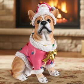 Christmas French Bulldog Statue,Holiday Dog Figurine in Pink Santa Outfit (Option: Brown)