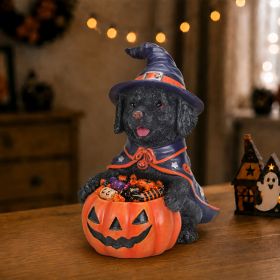 Halloween Black Labrador Retriever Witch Puppy Figurine, Cute Dog Holding Pumpkin Candy Bowl Decoration (Option: Orange-Red,Purple+Black)