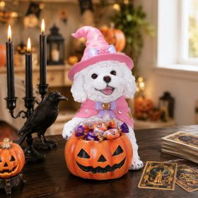 Halloween White Teddy Puppy Figurine, Witch Dog Holding Pumpkin Candy Bowl Decoration (Option: Orange-Red,White+Pink)