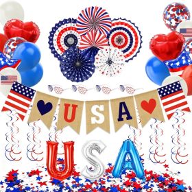 Complete 4th of July Patriotic Decorations Kit Red White Blue, USA Foil Star Balloons Paper Fans Hanging Streamers Flags Glasses for Independence (Option: As Pic)