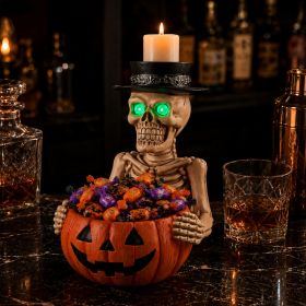 Halloween Skeleton Figurine with Pumpkin Candy Bowl & Candle Holder, Spooky Table Decor for Halloween (Option: White + Orange-Red)