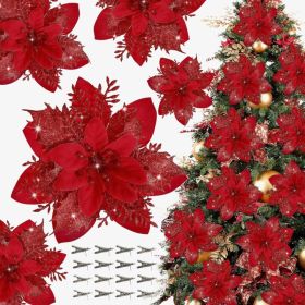 16 PCS Poinsettia Flower Artificial Poinsettias With Clips Christmas Decor Glitter Poinsettia Christmas Ornaments Xmas Tree Flower Decorations (Option: Red)