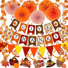 Give Thanks Pumpkin Maple Leaf Paper Banner Triangle Flag Bunting Maple Leaf Hanging Garland Paper Fan Flower Swirl Streamers For Thanksgiving Da (Option: Orange)