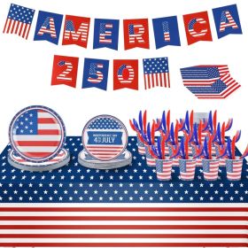 181Pcs 4th of July 250th Anniversary Party Supplies Set Independence Day Red White Blue Disposable Tableware with Plates Cups Cutlery Napkins Ban (Option: Party Supplies)