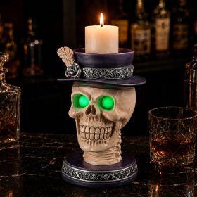 Halloween Skull Candle Holder with Glowing Green Eyes, Gothic Skeleton Head Statue with Feather Top Hat, Spooky Tabletop Decor (Option: Black White)