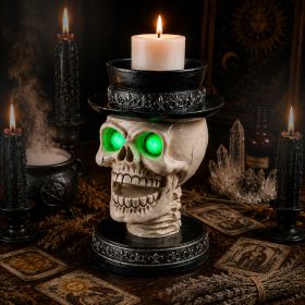 Halloween Skull Candle Holder with Glowing Green Eyes, Gothic Open Mouth Skeleton Head Statue with Black Top Hat, Spooky Tabletop Decor for Home (Option: Black White)