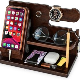 TESLYAR Wood Phone Docking Station For Men - Desk Or Nightstand Organizer - Birthday Gifts For Husband, Dad - Anniversary Idea From Wife - Key Ho (Option: Brown)