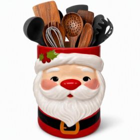 Christmas Ceramic Utensil Holder, Santa Claus Kitchen Decor, 3 Santa Countertop Storage Crock For Cooking Utensils, Baking Tools, Holiday Decorat (Option: Red)