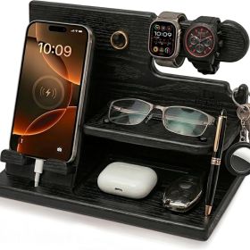 TESLYAR Wood Phone Docking Station For Men - Desk Or Nightstand Organizer - Birthday Gifts For Husband, Dad - Anniversary Idea From Wife - Key Ho (Option: Black)