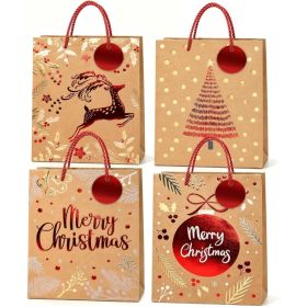 12PCS Christmas Kraft Paper Gift Bags With Handles, Assorted Holiday Gift Wrapping Bags, 4 Patterns (Option: Red)