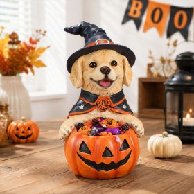 Halloween Labrador Retriever Witch Puppy Figurine, Cute Dog Holding Pumpkin Candy Bowl Decoration (Option: Beige,Orange-Red)