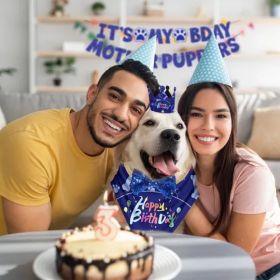 Dog Birthday Party Supplies, Boy Dog Birthday Bandana Set with Cute Dog Bowtie, Scarf, Birthday Banner  Balloons and Hat with Numbers for Medium (Option: BLUE)