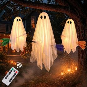 3 Pack Halloween Decorations Outdoor Hanging Decor Light Up Ghosts On Broom (Option: White)