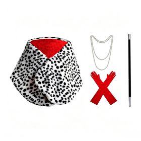 Women Halloween Dalmatian Costume Set, 4Pcs Dalmatian Cosplay Accessories With Spotted Shawl, Red Long Gloves, Pearl Necklace & Cane, Cruella Cos (Option: 4PCS)