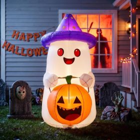 5 FT Halloween Inflatables Decor, Cute Inflatable Ghost With Pumpkin, Built In 2 LEDs For Halloween Garden, Patios & Indoor Parties Party Decorat (Option: White)