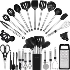 Kitchen Utensil Set Silicone Cooking Utensils 33 Kitchen Gadgets  Spoons For Nonstick Cookware Silicone And Stainless Steel Spatula Set-Best Kitc (Option: Black)