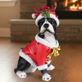 Christmas Boston Terrier Statue, Holiday Dog Figurine in Santa Outfit (Option: Black+Red)