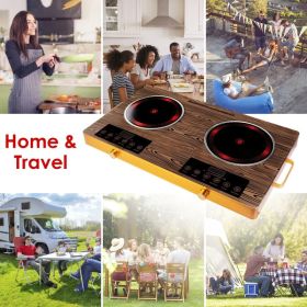 Portable Electric Double Burner 7000W, 110V Countertop Hot Plates with Smooth Heat-Resistant Glass Surface (Easy to Clean), 4 Preset Cooking Mode (Option: wood)