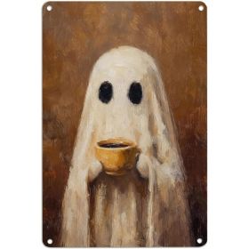 8x12 Inch Funny Ghost Coffee Metal Sign Vintage Halloween Wall Decor Spooky Season Hanging Sign For Kitchen Cafe Home Door Porch Party Decoration (Option: White)